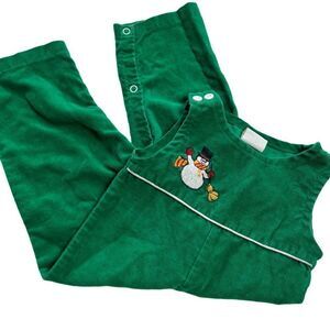 Vintage 1980s Green Corduroy Christmas Snowman Embroidered Holiday Overalls